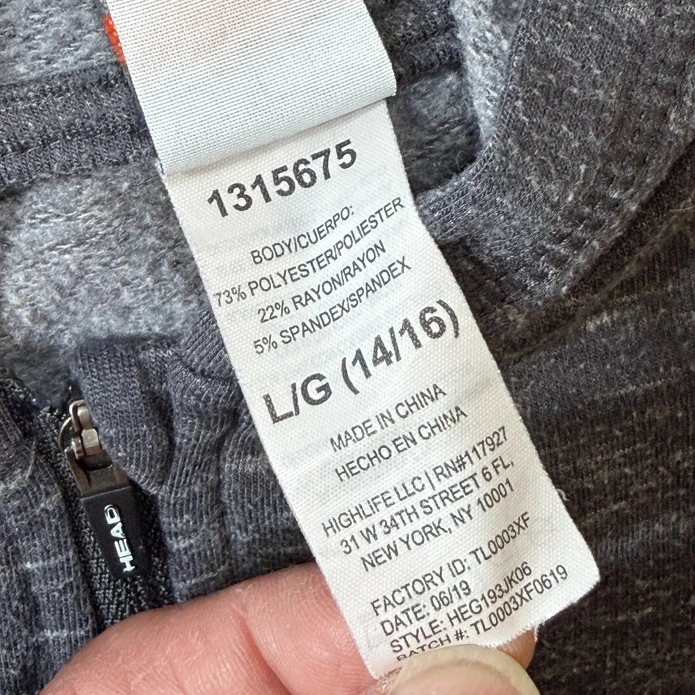 Head Hoodie Youth Large Heather Gray Rayon Stretch Fleece Lined Outdoor Full Zip
